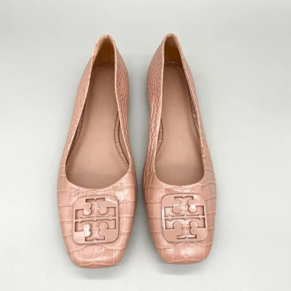 Tory Burch Georgia Ballet Flats Womens 9.5M Pink Croc Leather Square Toe Preppy